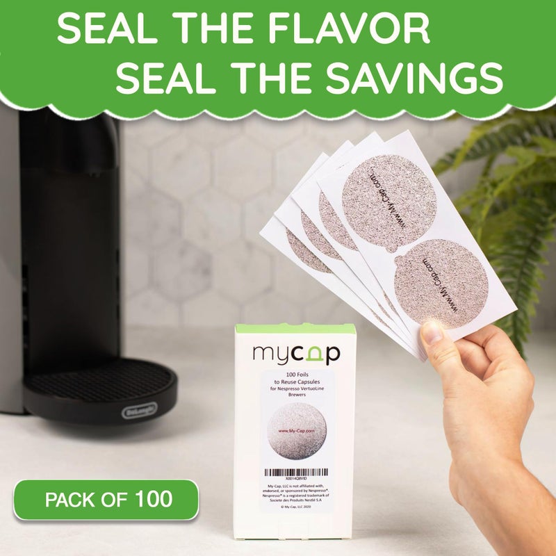 My-Cap Foil Seals for Nespresso Vertuo Pods - Reusable Aluminum Lids to Extend Life of Nespresso VertuoLine Capsules (Pack of 100) - Image 2